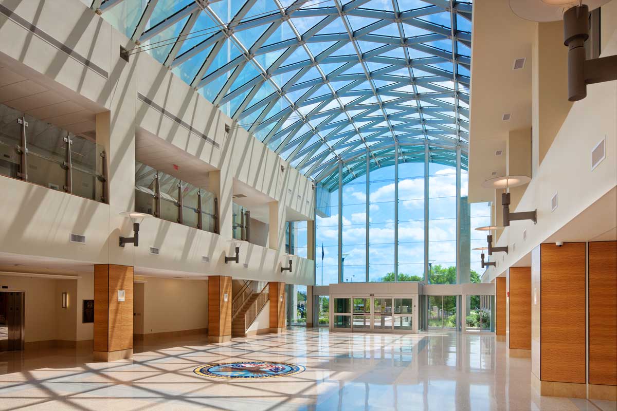 Government building interior atrium with glass ceiling